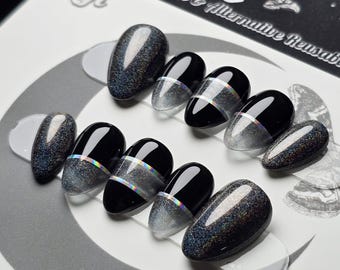 Holographic Black Silver Press On Nails, Gothic Cutout Glitter Reusable False Nails