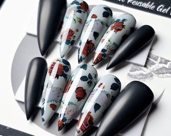 Gothic Rose Press On Nails, Matte Black, Reusable Press Ons