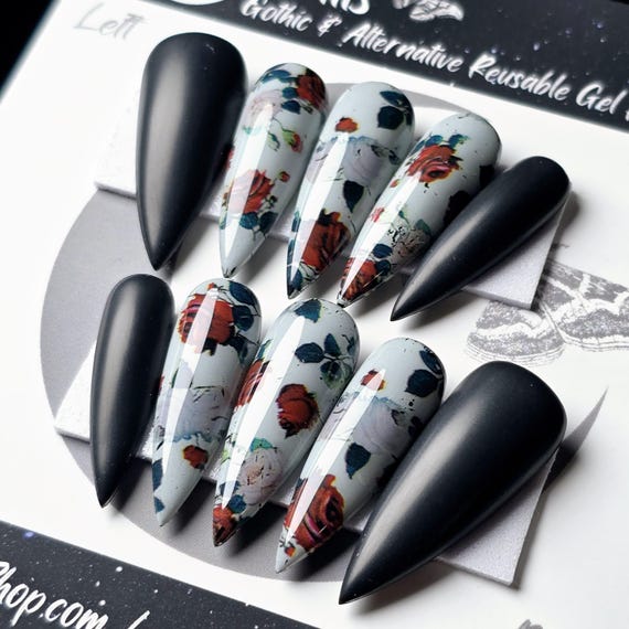 Gothic Rose Press On Nails, Matte Black, Reusable Press Ons