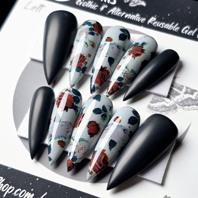 Gothic Rose Press On Nails, Matte Black, Reusable Press Ons bild 1