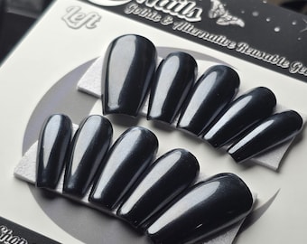 Midnight Black Chrome Press On Nails, Gothic Reusable False Nails