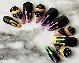 Neon Space Drip Press On Nails: Goth Halloween Reusable Fake Nails