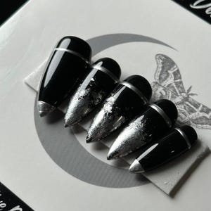 Gothic Black Press On Nails: Silver Chrome Witchy False Nails