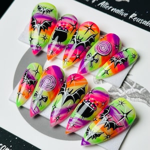 Neon Halloween Press Ons, Spooky Cute Goth Nails, Rainbow Bat Nails, Gothic Press Ons, Witchy Nails, Reusable False Nails, Press On Nails