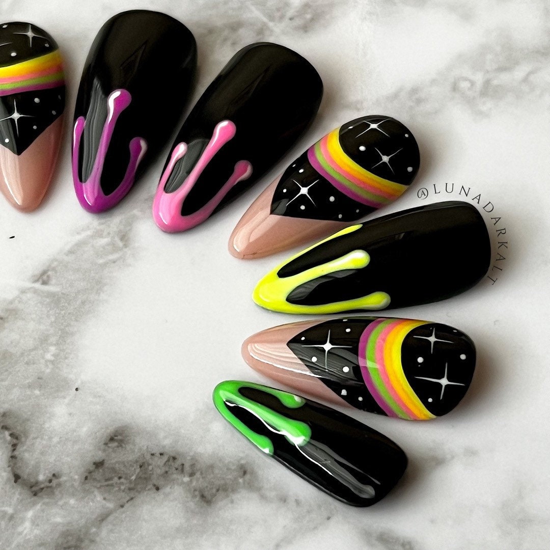 Neon Space Rainbow Nails Neon Drip Nails Goth Press Ons - Etsy