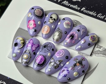Borrowers Garden Press On Nails, Purple Gothic Spring Press Ons, Alternative Spring Nails, Witchy Garden Nails, Reusable False Nails