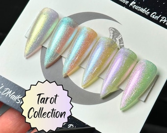 Tarot Iridescent Witchy Press On Nails, Pastel Glitter Reusable False Nails