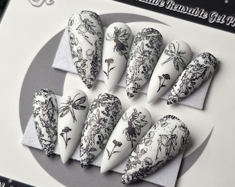 Fairy Forest Press On Nails: Gothic Witchy Garden, Black & White Shimmer