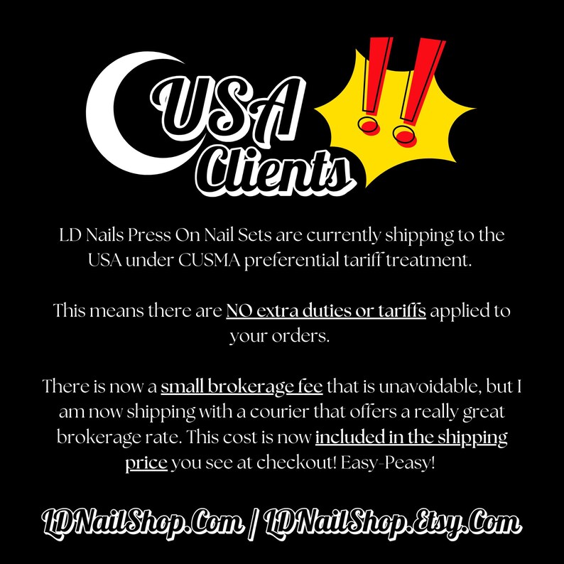 The image is a promotional message from an online nail supply business, stating that they are shipping to the USA under the CUSMA preferential tariff treatment and there is no extra duties or Tariff applied to orders. The message also mentions a smallbrokerage fee and a new shipping partner with a better rate. The website for the business is provided, and the image is described as a collage of multiple images.