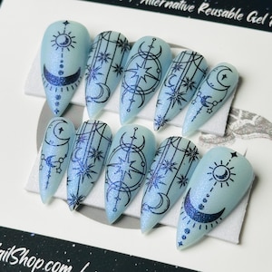Iridescent Blue Moon and Star Press On Nails: Witchy Celestial False Nails