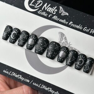 Celestial Glitter Press On Nails: Goth Moon & Star False Nails