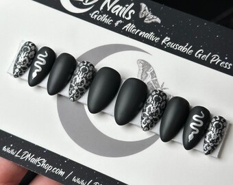 Goth Snake Press On Nails: Silver Black False Nails, Reusable