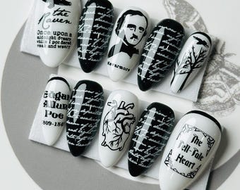 The Tell-Tale Nail Press On Nails, Gothic Edgar Allan Poe Press Ons, Witchy Halloween Reusable False Nails