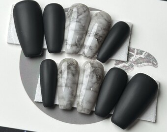 White Marble Press On Nails: Gothic Alternative Reusable False Nails