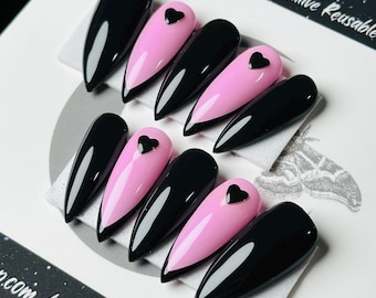 Valentine's Day Press On Nails: Pink & Black French Tip, Goth Alternative Nails