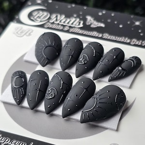 Gothic Zodiac Press On Nails: Black Velvet Matte, Reusable False Nails