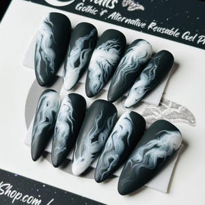 Gothic Smoke Press On Nails: Reusable Black and White False Nails