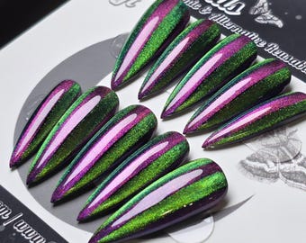 Beetle Cat Eye, Gothic Press On Nails, Purple Green Striped Halloween Nails