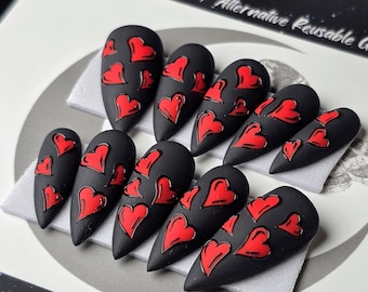 Gothic Red Heart Press On Nails: Alt Valentine's Day False Nails