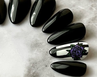 PRESS ON NAILS , Gothic Press Ons , Black White and Purple, Lavender Rose, Striped Nails, Goth Nails, Witchy Nails, Reusable False Nails