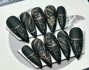 Celestial Mushroom Press On Nails: Rose Gold Witchy Gothic Reusable False Nails