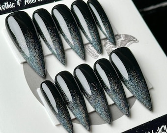 Holo Black Ombré Press On Nails, Gothic Glitter French Tip, Handmade Reusable Press Ons