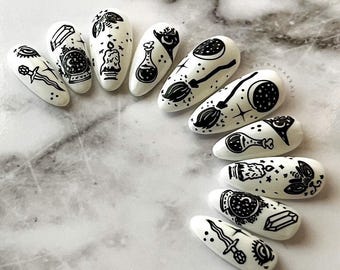 Witchy Press On Nails: Milky White Goth False Nails with Moon Details
