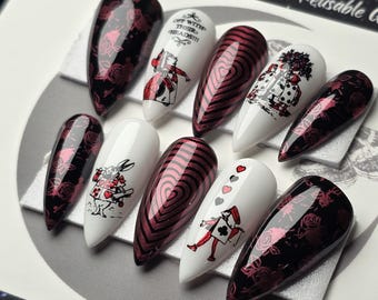 Queen of Hearts Press On Nails, Gothic AIW Red Black Goth Nails