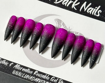 PRESS ON NAILS, Neon Purple and Black Glitter Ombré, Gothic Press Ons, Witchy Nails, Reusable False Nails, Glue-on Nails, Goth Gifts for Her