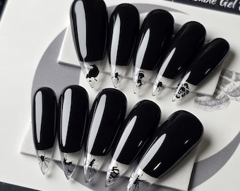 Gothic Curiosities Press On Nails, Black and Clear Goth Witchy Cutout Press Ons, Reusable Halloween False Nails