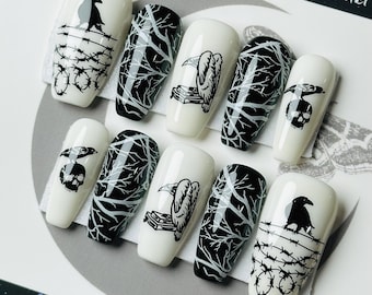 Handmade Raven Press On Nails, Gothic Black & White Reusable Press Ons