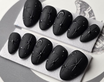 RTS Black Celestial Gothic Press-On Nails: Witchy Fake Nails, X-Short Almond