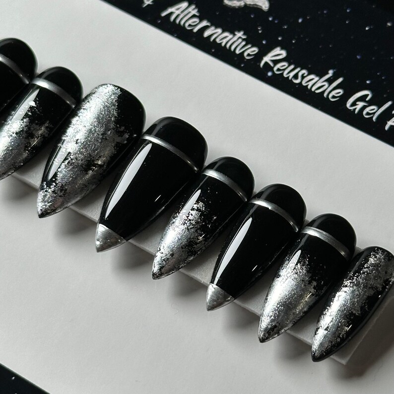 Gothic Black Silver Chrome Press On Nails, Witchy Handmade Reusable Press Ons image 3