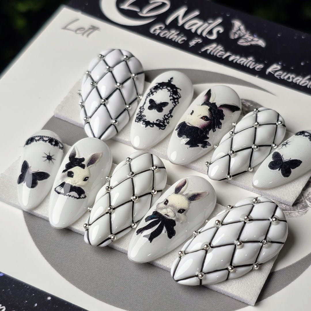 Victorian Hares, Gothic Easter Nails, Embossed Quilted Nails, Gothic Spring Press on Nails, Witchy Nails, Goth Nails, Reusable False Nails - Etsy Japan