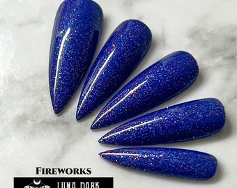Fireworks Press On Nails, Navy Blue Glitter, 4th of July Reusable False Nails