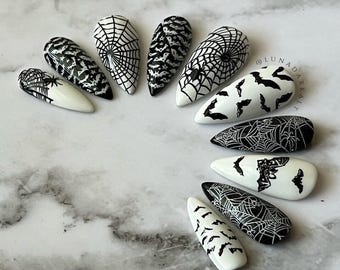 Bats and Spiders Press On Nails: Gothic Halloween Reusable False Nails