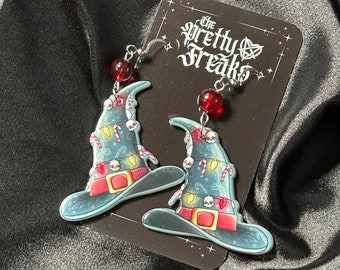 Witchy Christmas Hat Dangle Earrings: Goth Xmas Jewelry