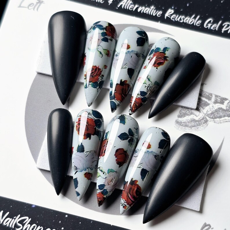 Gothic Rose Press On Nails, Matte Black, Reusable Press Ons bild 4