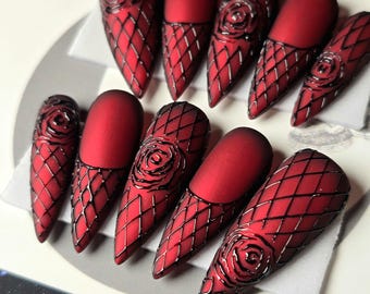 Red Chrome Embossed Rose Press On Nails: 3D Gothic Valentine Reusable False Nails