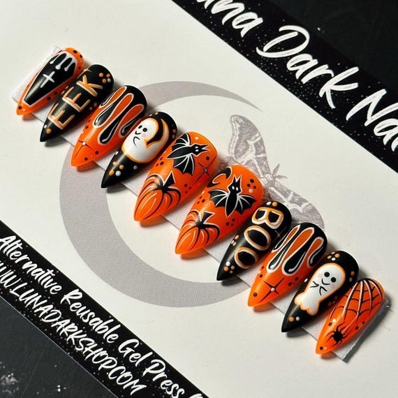 20 Halloween Nail Ideas With Ghosts, Bats and Spooky Details 2 Orange Coffin Cuties