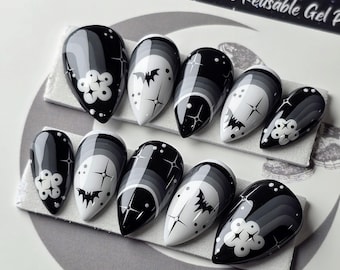 Moonbow Press On Nails, Gothic Rainbow Bats Press Ons, Summer Goth Nails, Monochrome Reusable False Nails