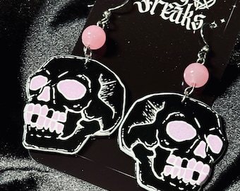 Pastel Goth Skull Dangle Earrings: Pink & Black Witchy Jewelry