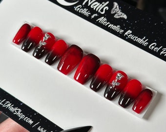 Tainted Rose, Gothic Rose Press On Nails, Black and Red Ombre, Goth Nails, Witchy Nails, Reusable False Nails, Press-on Nails, Glue-on Nails