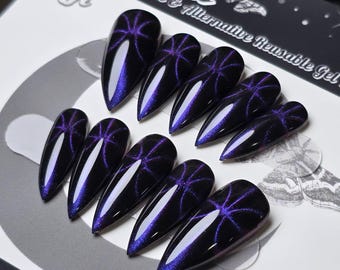 Butterfly Cat Eye Press On Nails, Gothic Color Shift Reusable False Nails