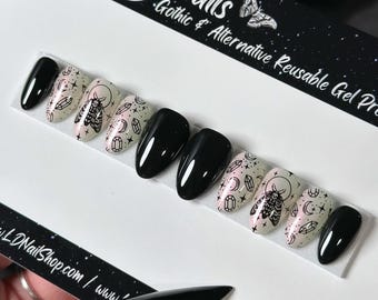 Goth Press On Nails: Moth & Moon, Reusable False Nails