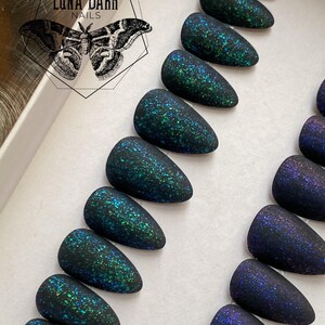 Frosted Emerald Press On Nails: Velvet Matte Green Galaxy Glitter, Gothic Witchy False Nails