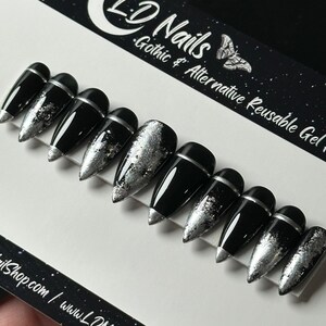 Midnight Steel Press On Nails: Gothic Silver Chrome, Reusable False Nails
