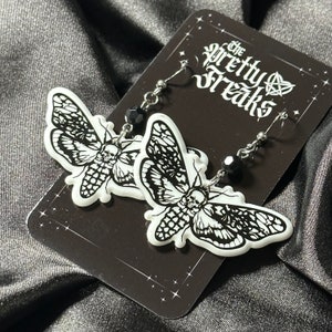 Gothic Death-Moth Earrings, Witchy Moth Jewelry, Black and White Gothic Skull Accessories, Witchy Dangle Earrings, Gothic Gifts for Her