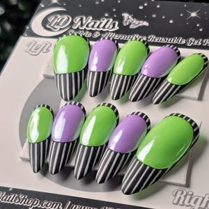 Gothic Green & Purple Press On Nails: Neon Nightmare, Striped False Nails