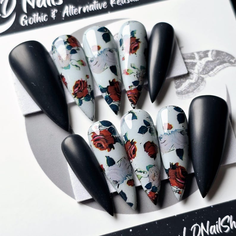 Gothic Rose Press On Nails, Matte Black, Reusable Press Ons bild 3